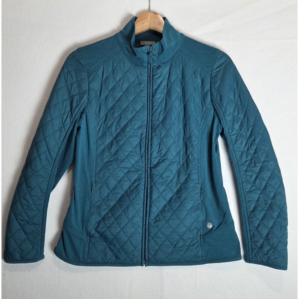 Talbots Teal Quilted Knit Zipped Jacket Womens Petite Washable FLAWED DISCOLORED